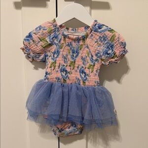 Cheeky Plum Pink Floral Smocked Bodysuit with Blue Tulle Skirt 18-24 Months